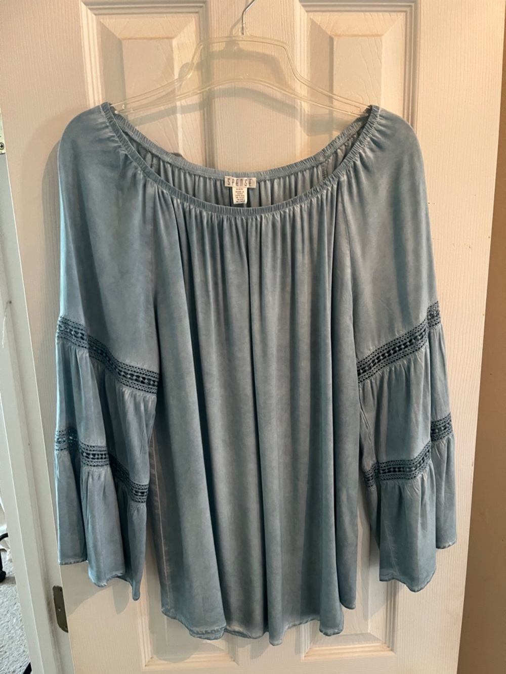 Spense Light Blue Peasant Top with Crochet Inset